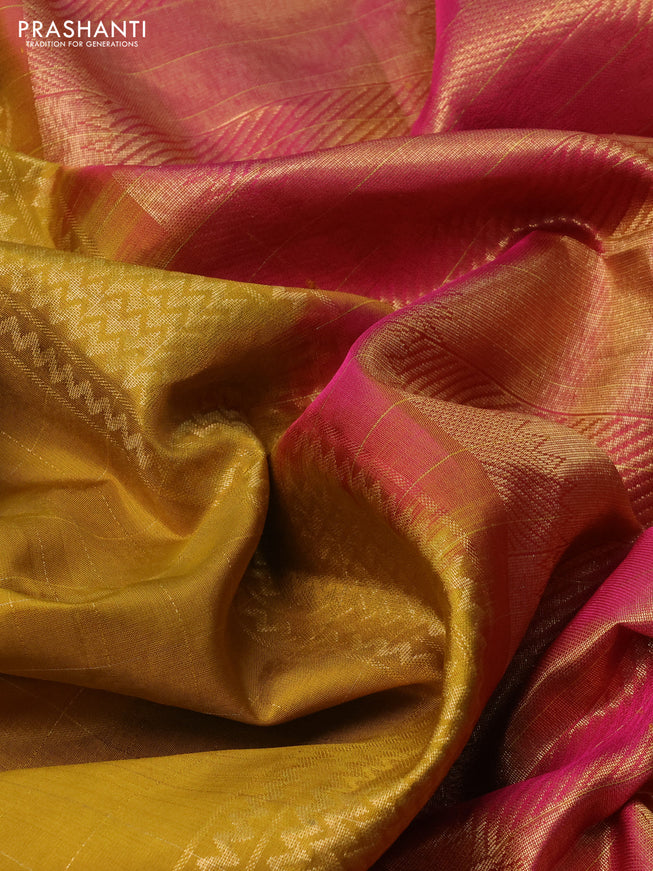 Pure soft silk saree mustard shade and dual shade of pink with allover zari checks & buttas and zari woven simple border