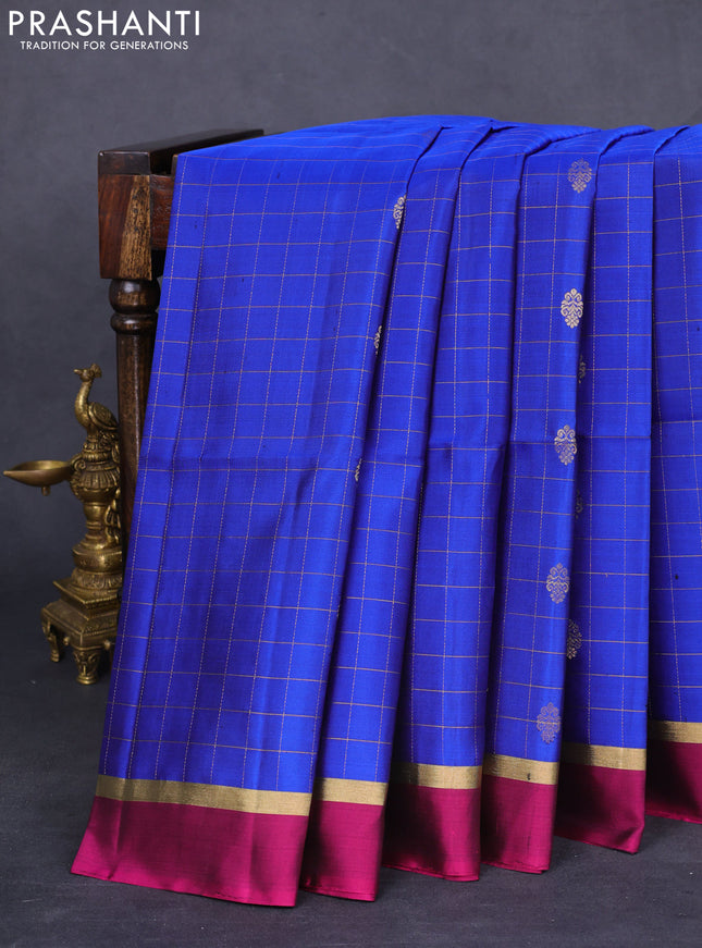 Pure soft silk saree blue and magenta pink with allover zari checks & buttas and zari woven simple border