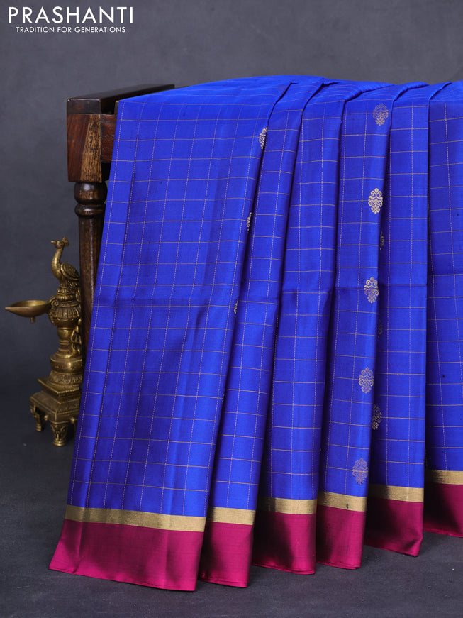 Pure soft silk saree blue and magenta pink with allover zari checks & buttas and zari woven simple border