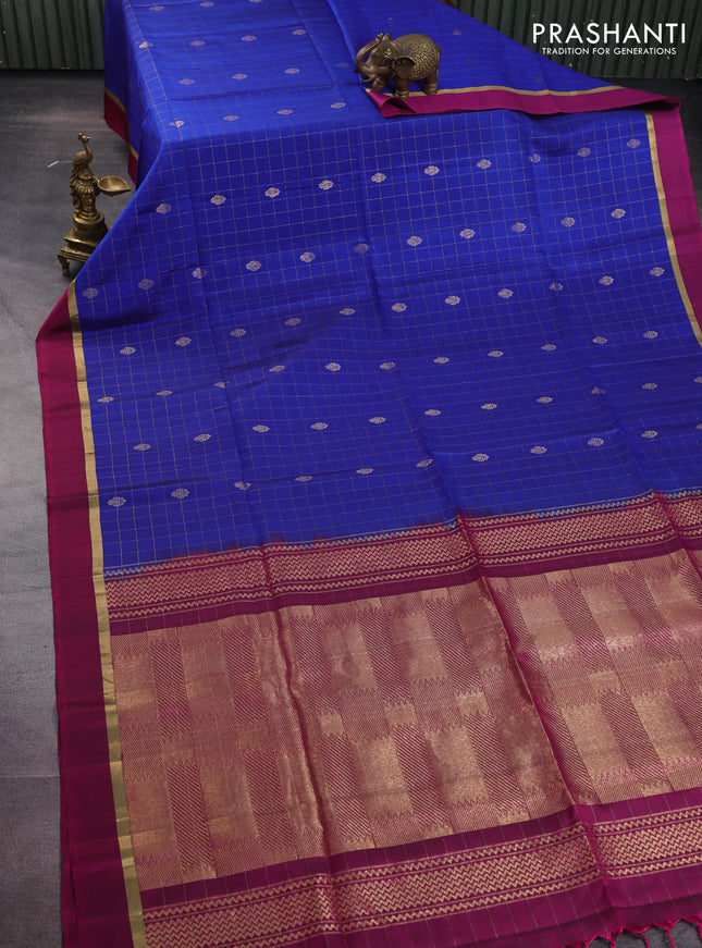 Pure soft silk saree blue and magenta pink with allover zari checks & buttas and zari woven simple border