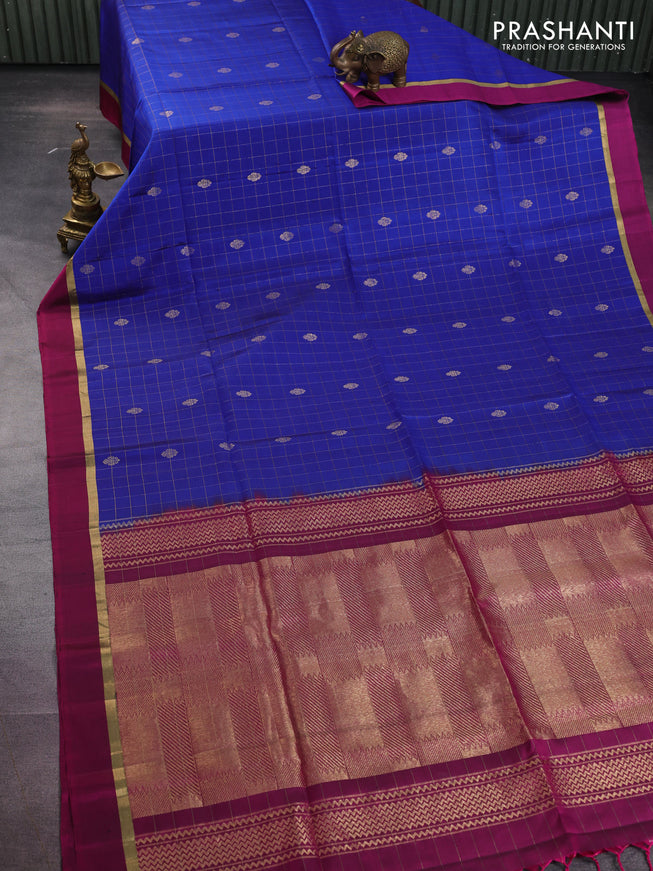 Pure soft silk saree blue and magenta pink with allover zari checks & buttas and zari woven simple border