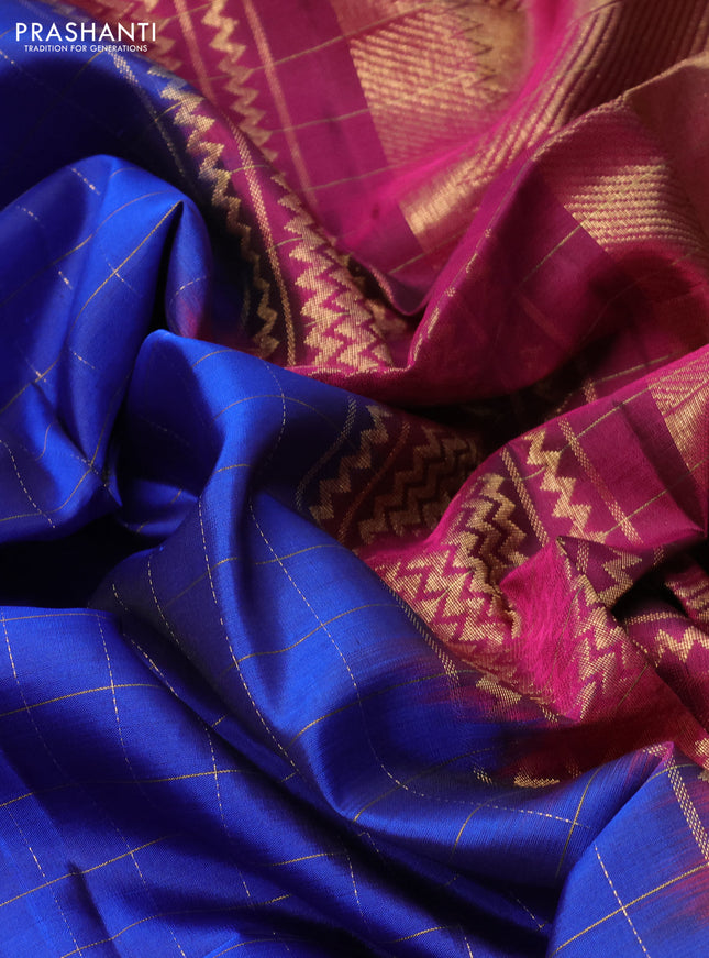 Pure soft silk saree blue and magenta pink with allover zari checks & buttas and zari woven simple border
