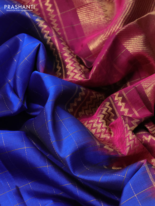 Pure soft silk saree blue and magenta pink with allover zari checks & buttas and zari woven simple border