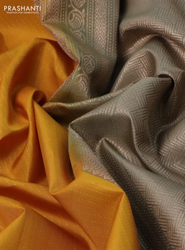 Pure soft silk saree mustard yellow and elaichi green with allover zari weaves & buttas and zari woven simple border