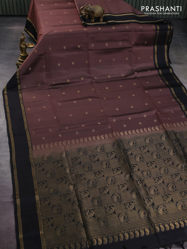 Pure soft silk saree pastel brown and black with allover zari woven buttas and rettapet zari woven border