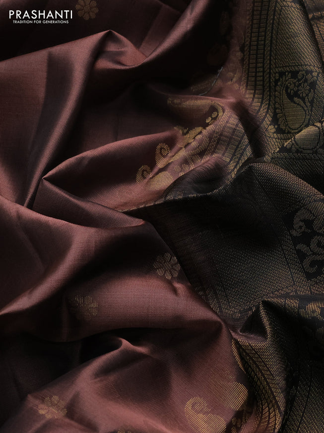 Pure soft silk saree pastel brown and black with allover zari woven buttas and rettapet zari woven border