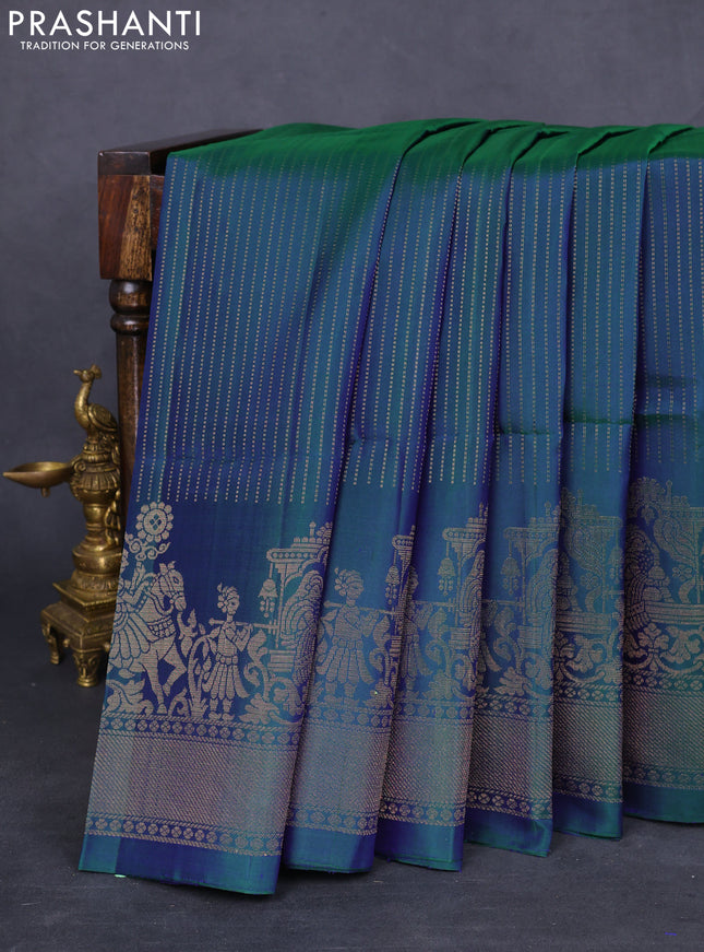 Pure soft silk saree dual shade of bluish green with allover zari weaves and rich zari woven border