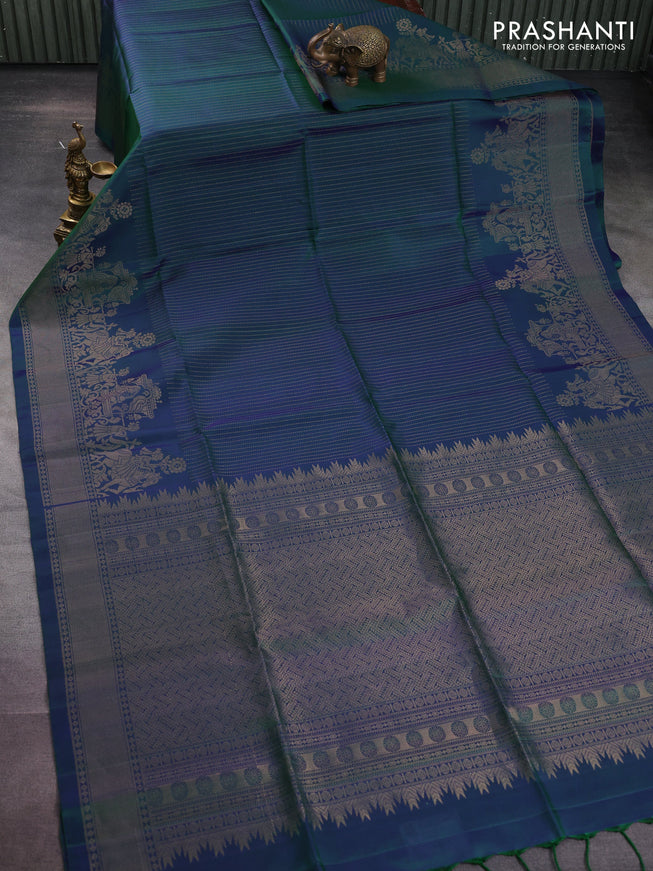 Pure soft silk saree dual shade of bluish green with allover zari weaves and rich zari woven border