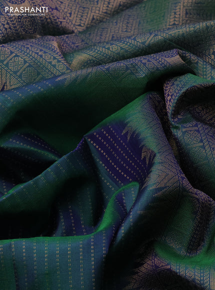 Pure soft silk saree dual shade of bluish green with allover zari weaves and rich zari woven border