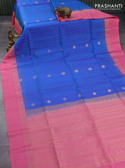 Pure soft silk saree blue and peach pink with allover zari weaves and zari woven border
