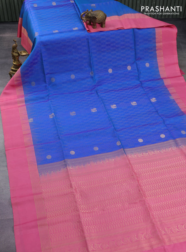 Pure soft silk saree blue and peach pink with allover zari weaves and zari woven border