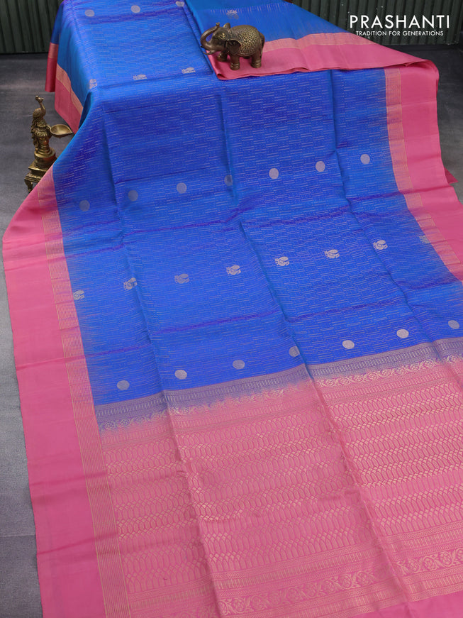 Pure soft silk saree blue and peach pink with allover zari weaves and zari woven border