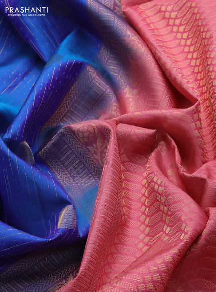 Pure soft silk saree blue and peach pink with allover zari weaves and zari woven border