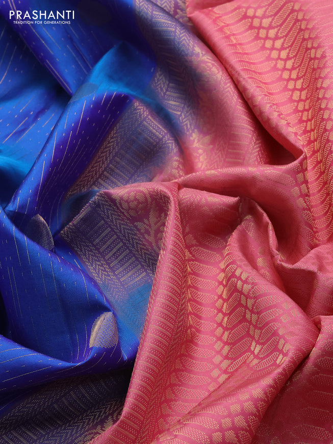 Pure soft silk saree blue and peach pink with allover zari weaves and zari woven border