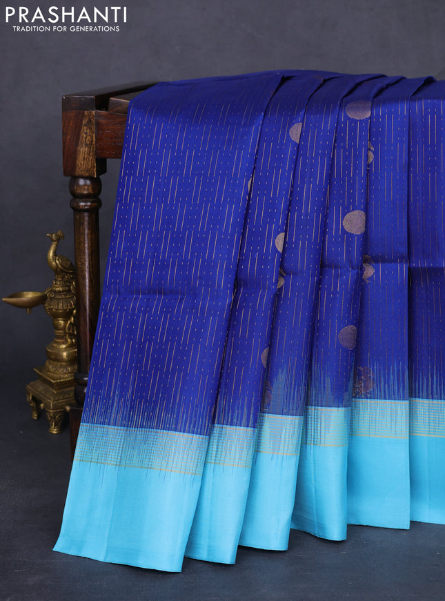 Pure soft silk saree blue and light blue with allover zari weaves and zari woven simple border