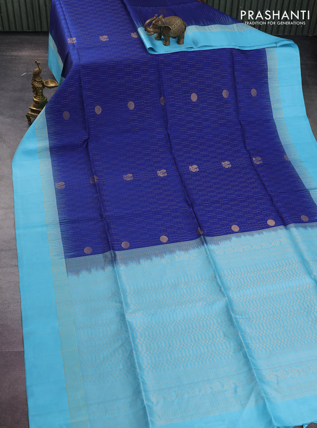 Pure soft silk saree blue and light blue with allover zari weaves and zari woven simple border