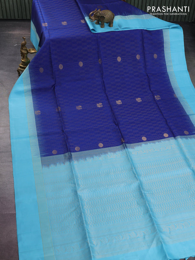 Pure soft silk saree blue and light blue with allover zari weaves and zari woven simple border