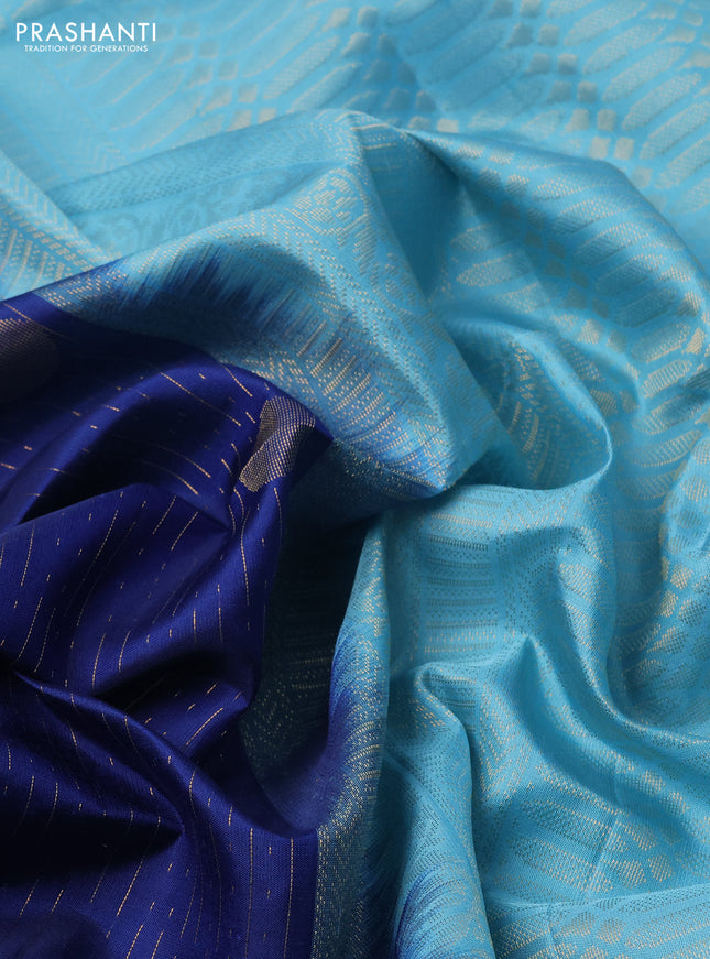 Pure soft silk saree blue and light blue with allover zari weaves and zari woven simple border