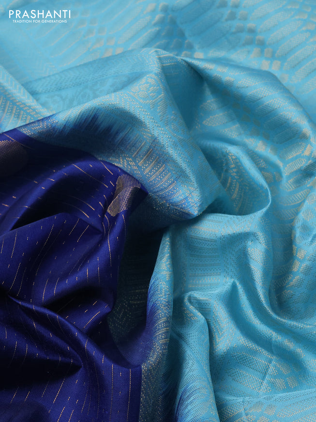 Pure soft silk saree blue and light blue with allover zari weaves and zari woven simple border