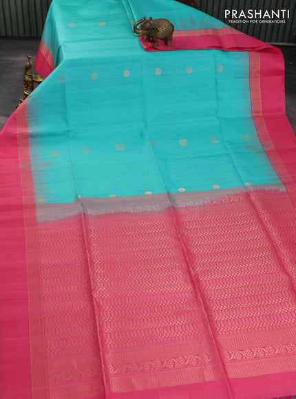 Pure soft silk saree teal green and pink with allover zari weaves and zari woven simple border