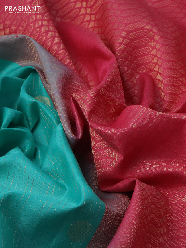 Pure soft silk saree teal green and pink with allover zari weaves and zari woven simple border