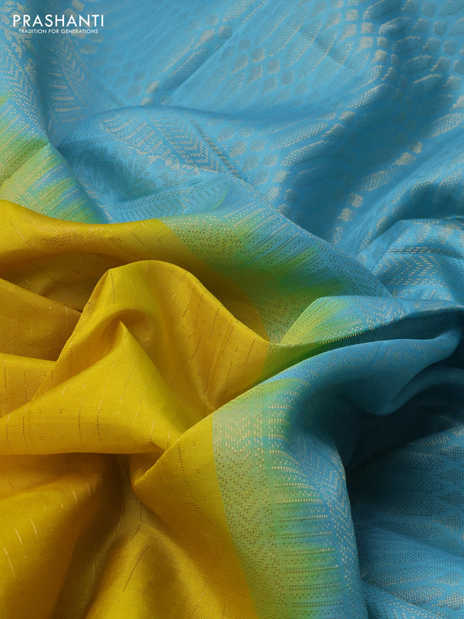 Pure soft silk saree lime yellow and light blue with allover zari weaves and zari woven simple border