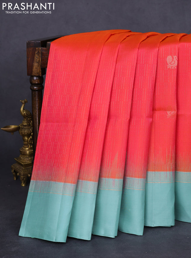 Pure soft silk saree dual shade of pink and pastel blue with allover zari weaves and zari woven simple border