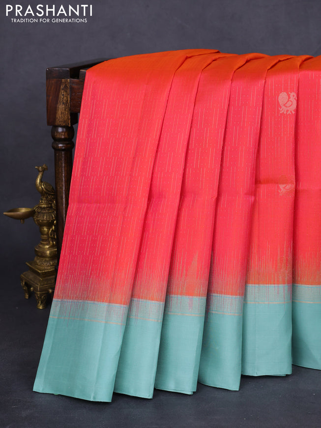 Pure soft silk saree dual shade of pink and pastel blue with allover zari weaves and zari woven simple border