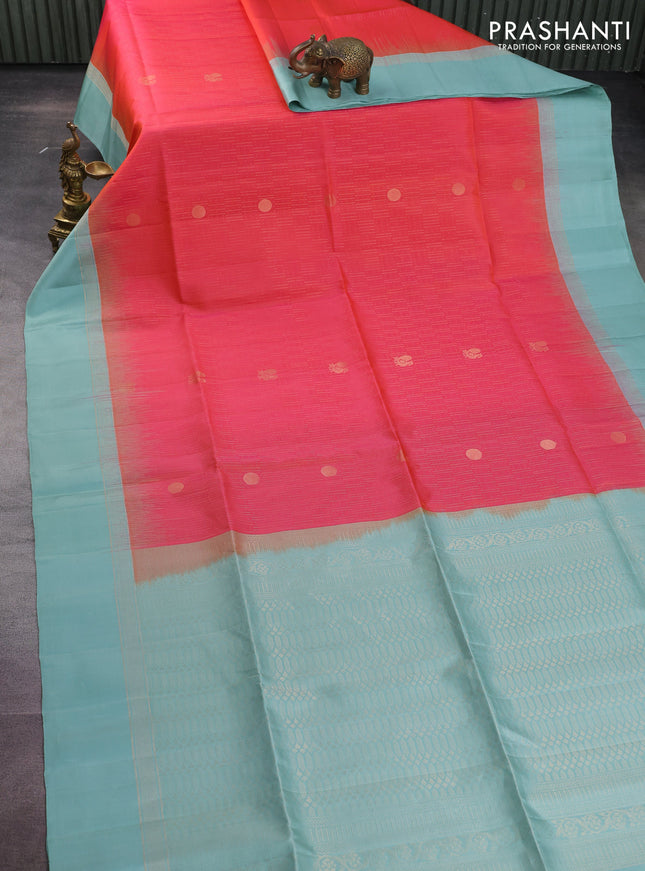 Pure soft silk saree dual shade of pink and pastel blue with allover zari weaves and zari woven simple border