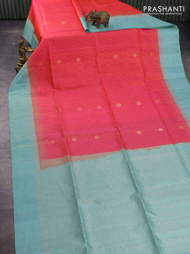 Pure soft silk saree dual shade of pink and pastel blue with allover zari weaves and zari woven simple border