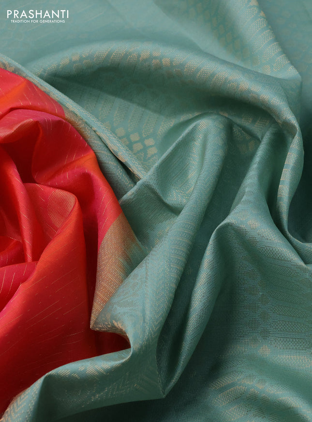 Pure soft silk saree dual shade of pink and pastel blue with allover zari weaves and zari woven simple border