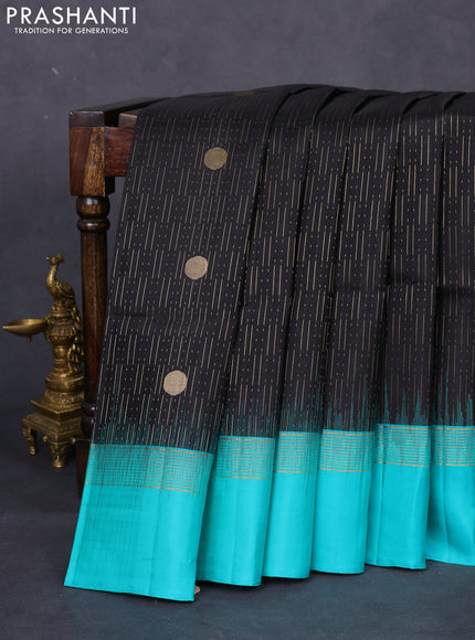 Pure soft silk saree black and teal green with allover zari weaves and zari woven simple border