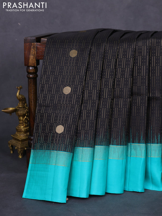 Pure soft silk saree black and teal green with allover zari weaves and zari woven simple border