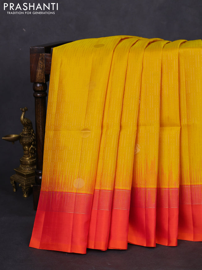 Pure soft silk saree mustard yellow and dual shade of pinkish orange with allover zari weaves and zari woven simple border
