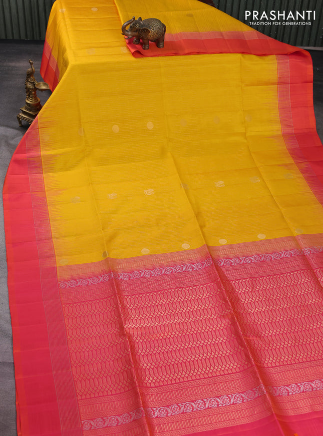 Pure soft silk saree mustard yellow and dual shade of pinkish orange with allover zari weaves and zari woven simple border