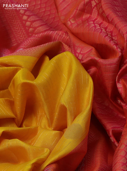 Pure soft silk saree mustard yellow and dual shade of pinkish orange with allover zari weaves and zari woven simple border