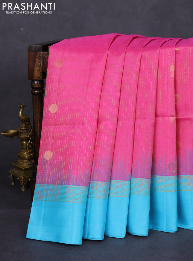 Pure soft silk saree light pink and light blue with allover zari weaves and zari woven simple border