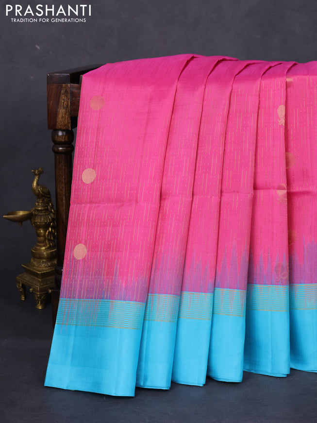 Pure soft silk saree light pink and light blue with allover zari weaves and zari woven simple border