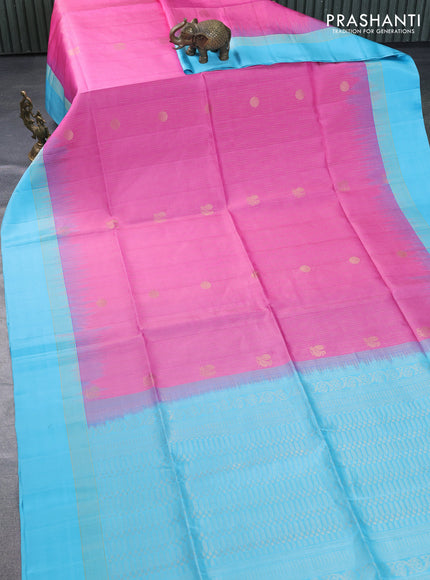 Pure soft silk saree light pink and light blue with allover zari weaves and zari woven simple border
