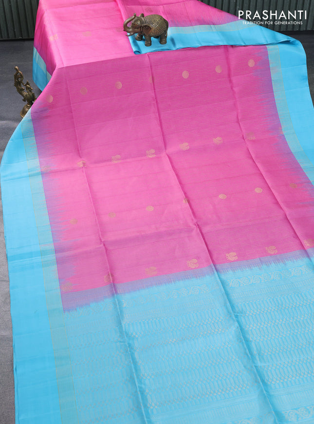 Pure soft silk saree light pink and light blue with allover zari weaves and zari woven simple border