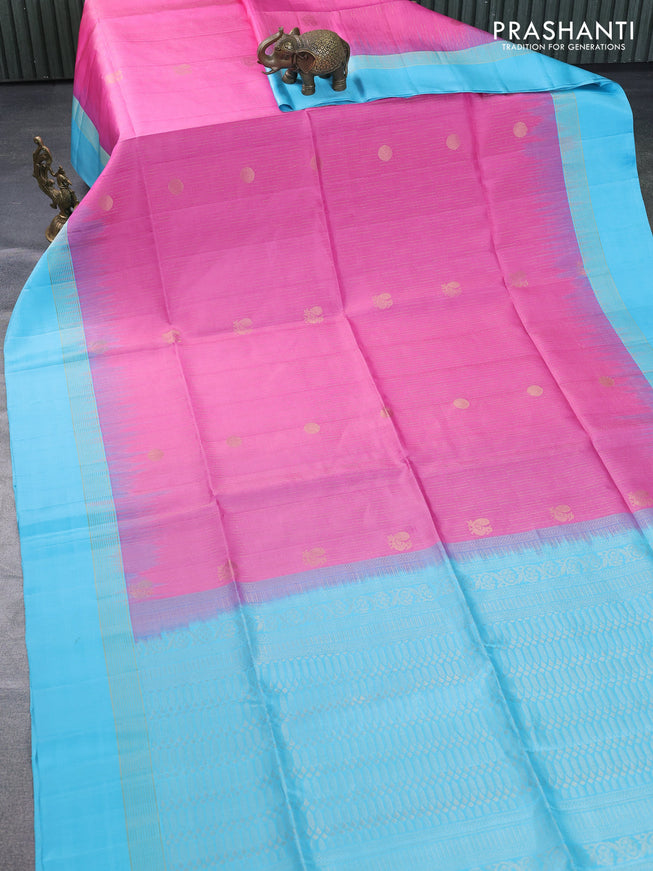 Pure soft silk saree light pink and light blue with allover zari weaves and zari woven simple border