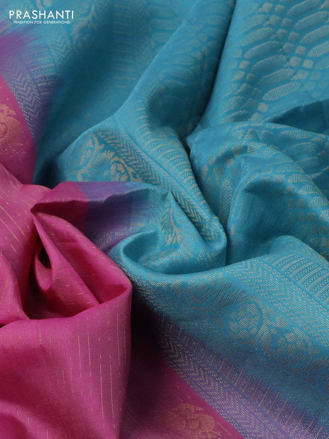 Pure soft silk saree light pink and light blue with allover zari weaves and zari woven simple border