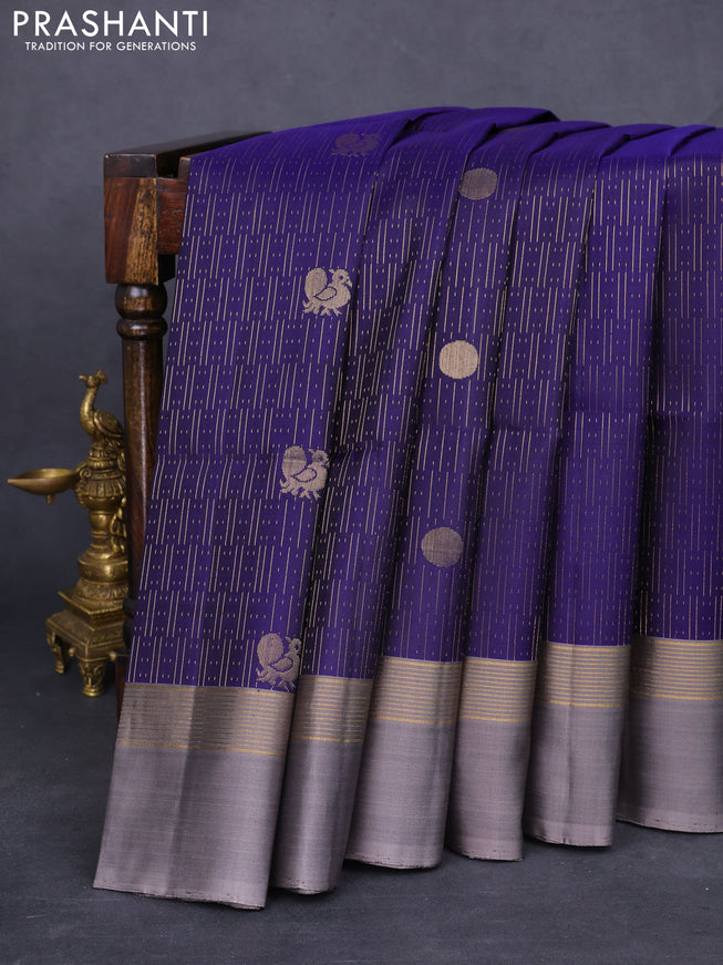 Pure soft silk saree blue and grey with allover zari weaves and zari woven simple border