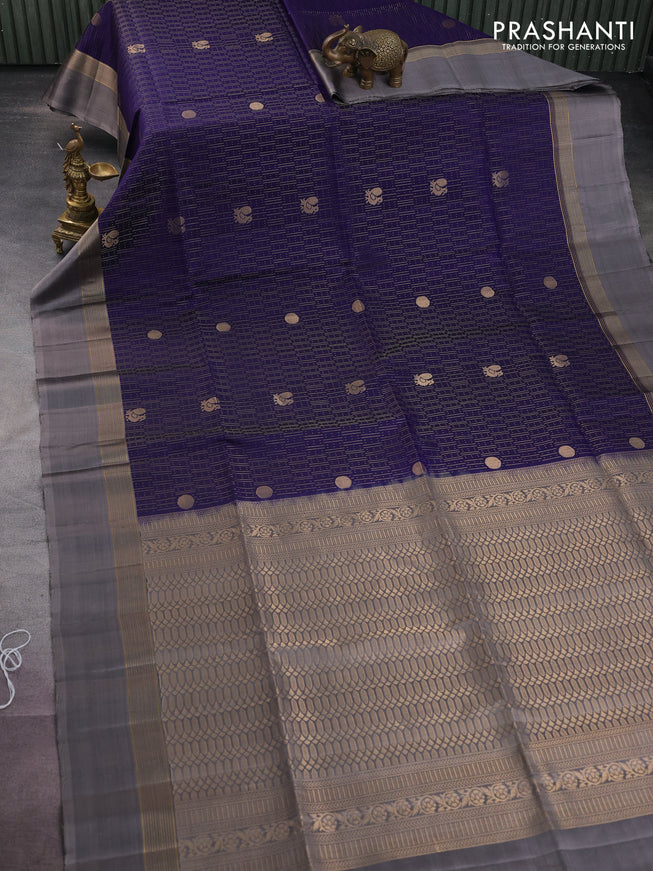 Pure soft silk saree blue and grey with allover zari weaves and zari woven simple border