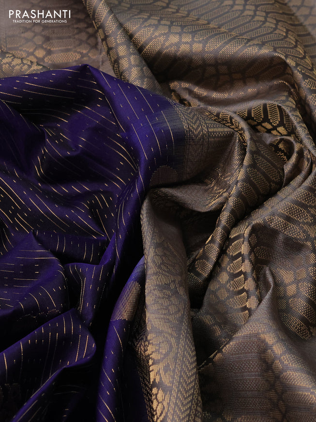 Pure soft silk saree blue and grey with allover zari weaves and zari woven simple border
