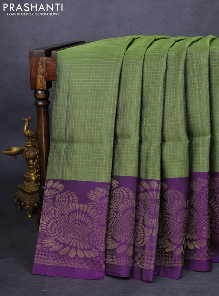Pure soft silk saree sap green and purple with allover zari checked pattern and long rich zari woven border