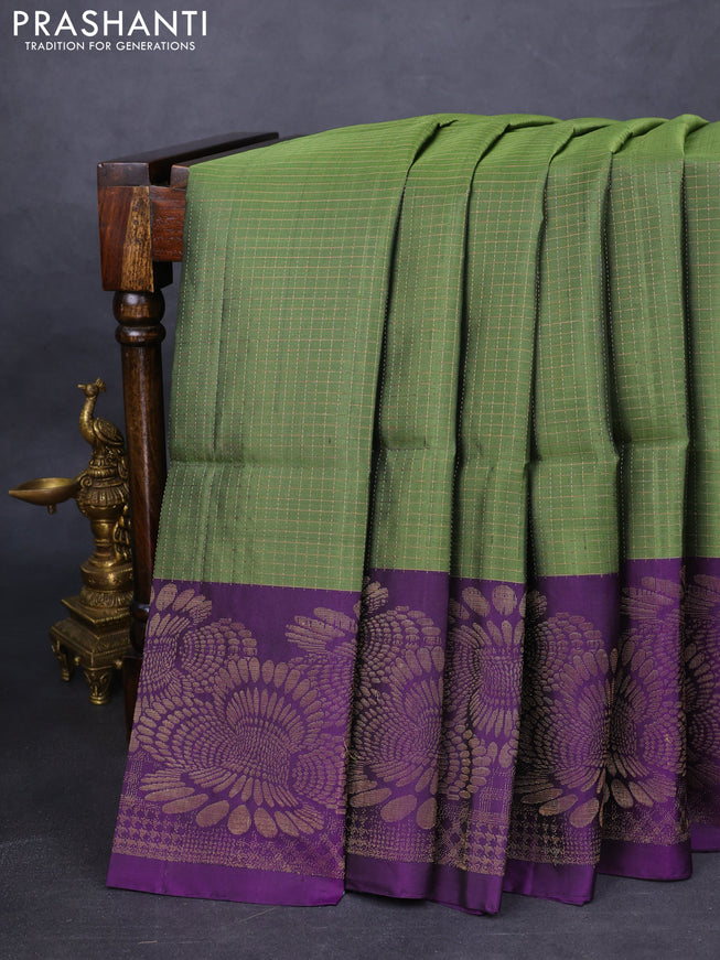 Pure soft silk saree sap green and purple with allover zari checked pattern and long rich zari woven border