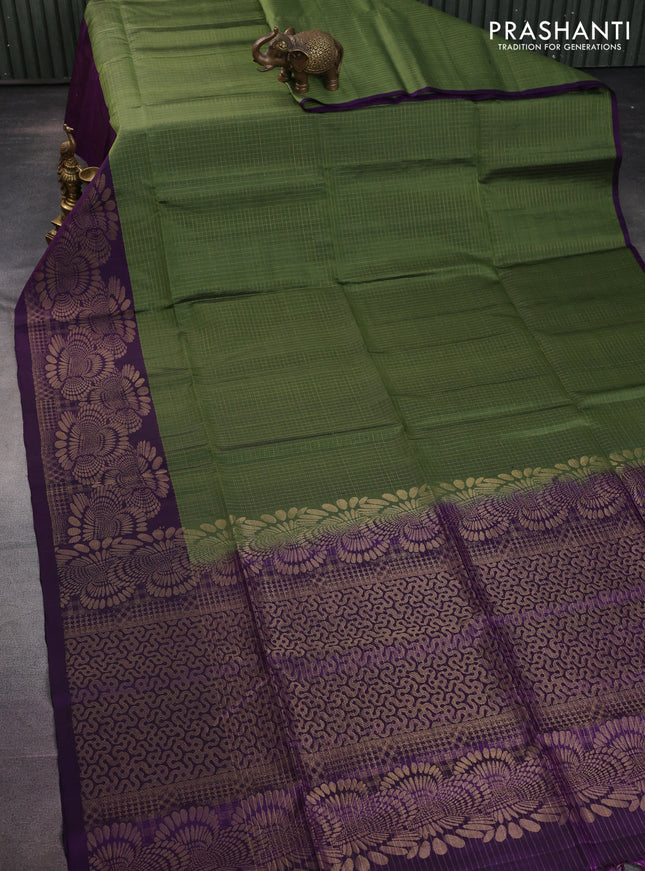 Pure soft silk saree sap green and purple with allover zari checked pattern and long rich zari woven border