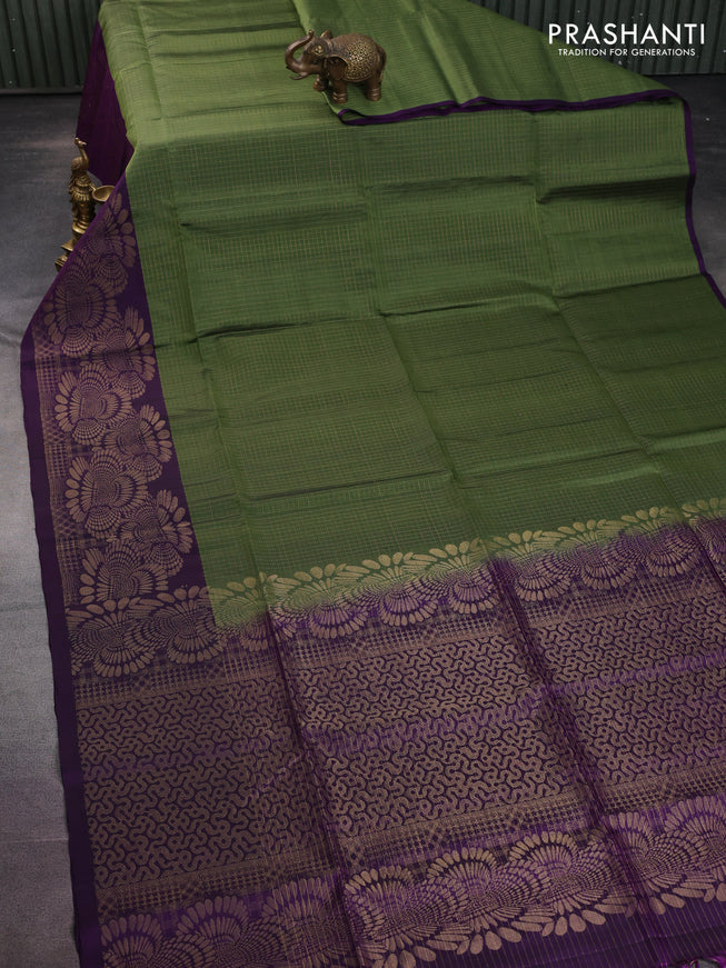 Pure soft silk saree sap green and purple with allover zari checked pattern and long rich zari woven border