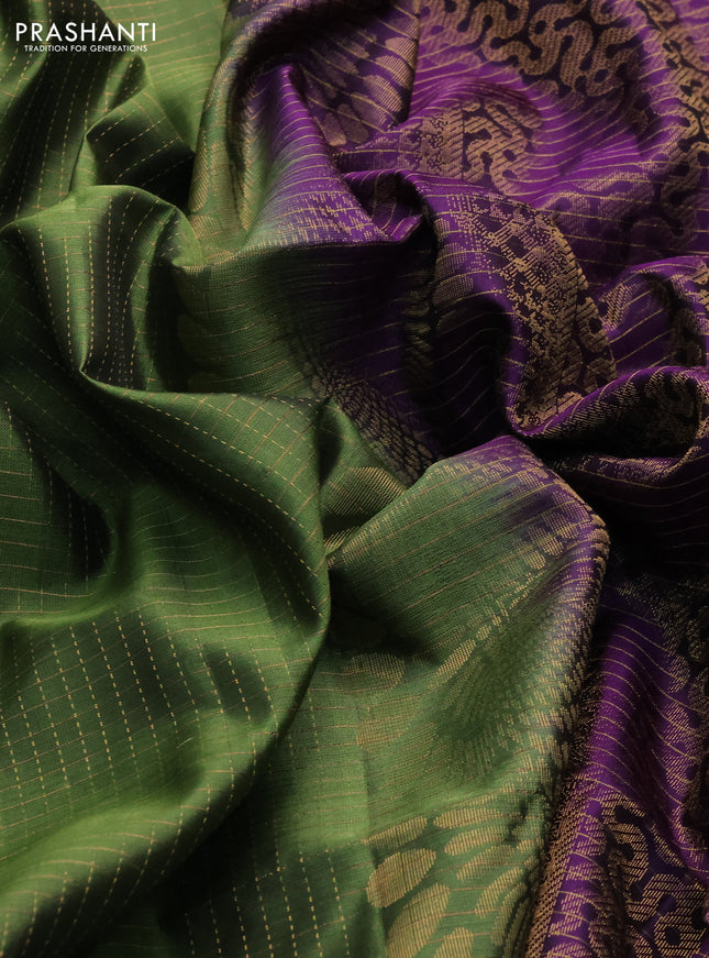 Pure soft silk saree sap green and purple with allover zari checked pattern and long rich zari woven border